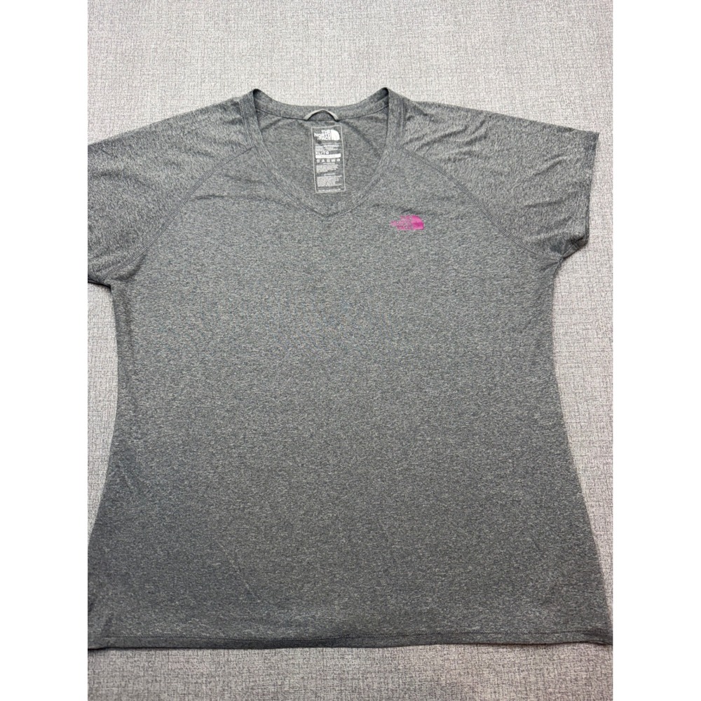 The North Face Womens XL V-Neck Shirt Short Sleeve Active Fit Gray Pink Logo